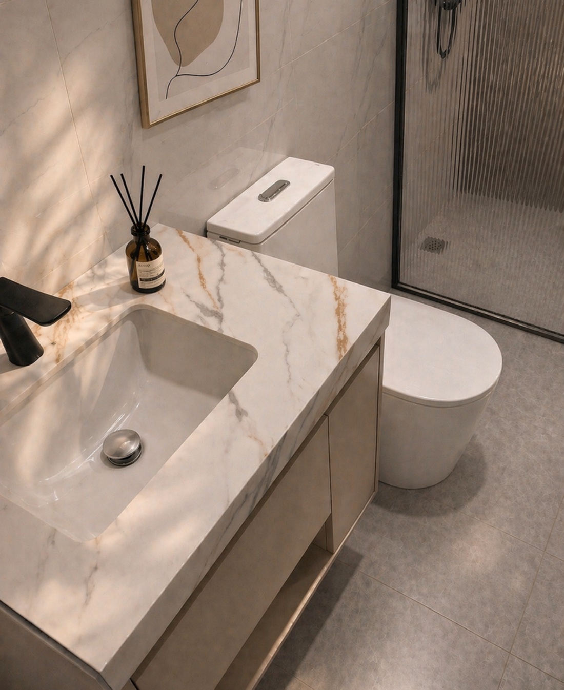 Elite Collection actual bathroom vanity and shower detail.