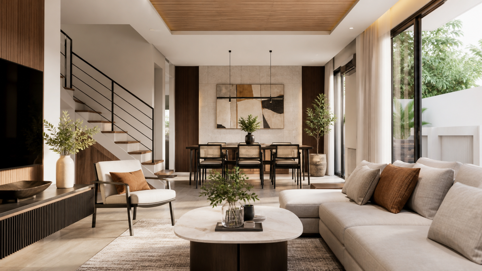 Refined modern home interior showing warm materials and comfortable living space.