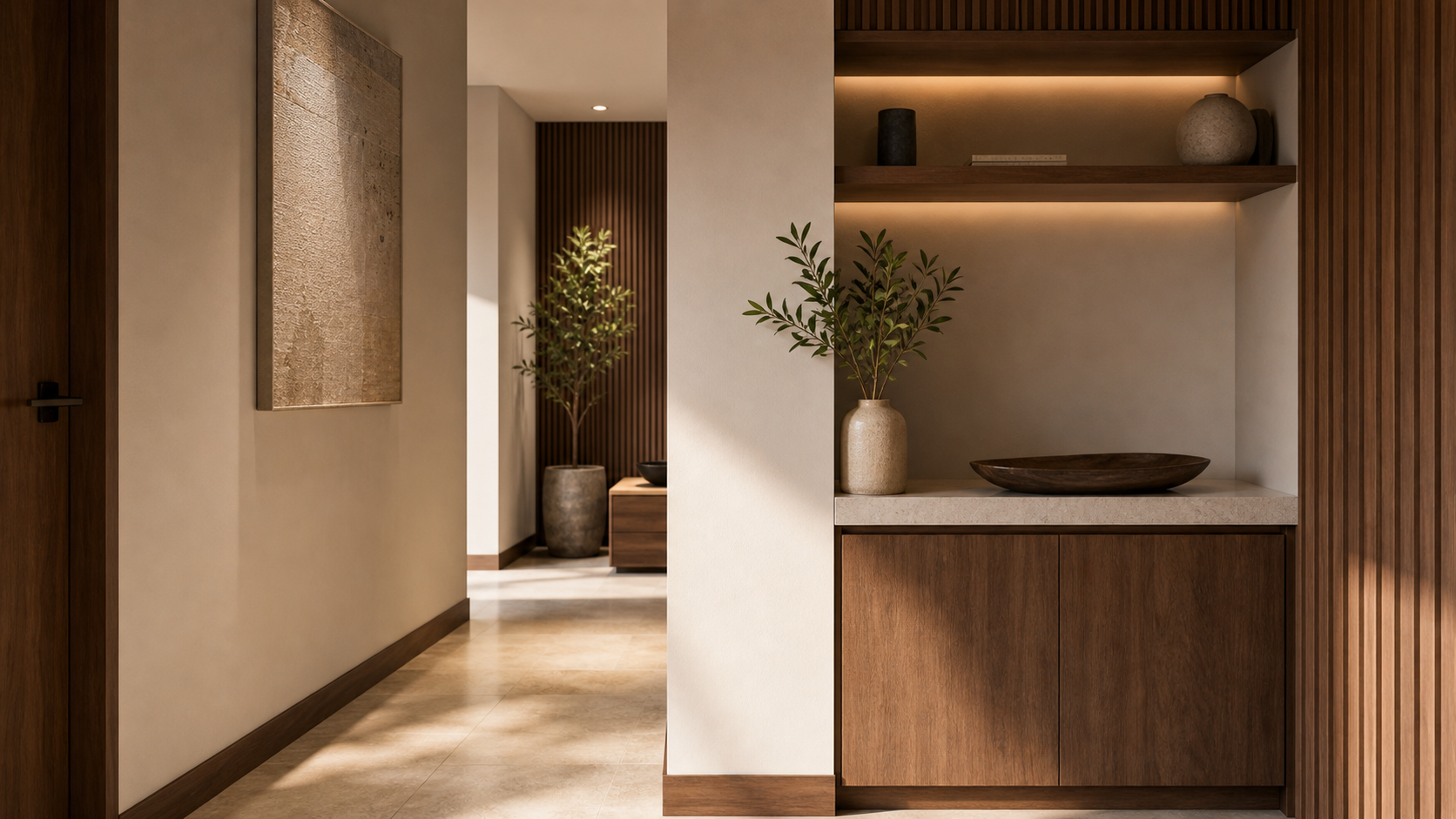 Warm interior detail with built-in storage, wood finishes, soft lighting, and refined residential design.