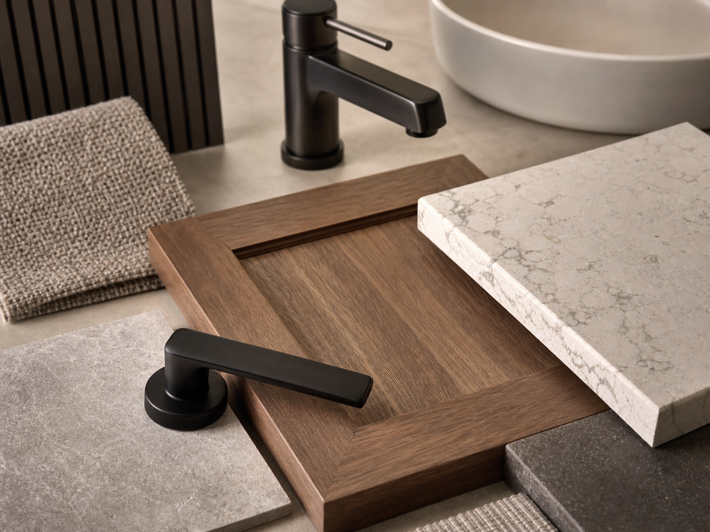 Close-up of premium residential material selections including wood, stone, tile, and black hardware.