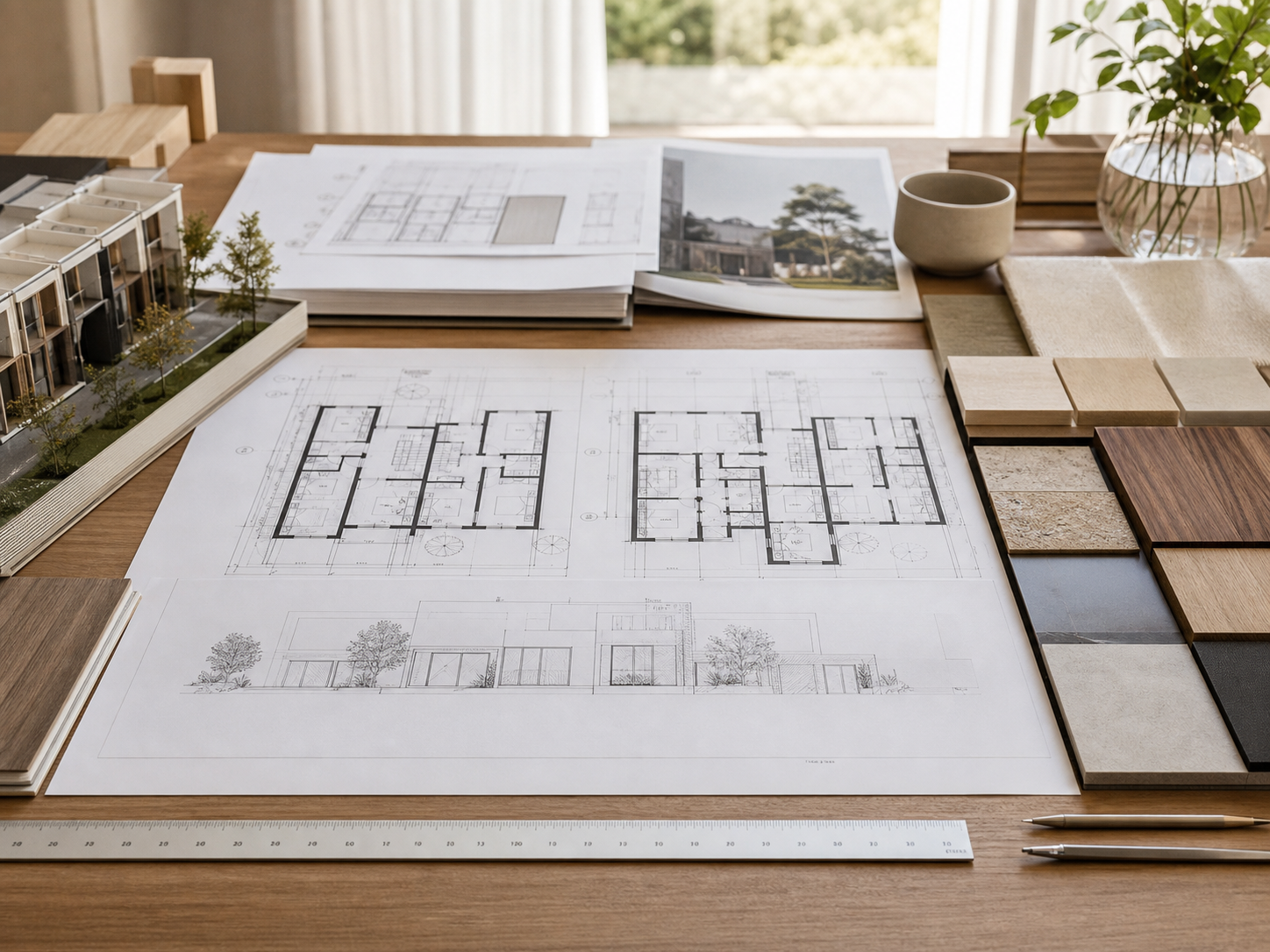 Architectural planning table with floor plans and material samples for thoughtful residential development.