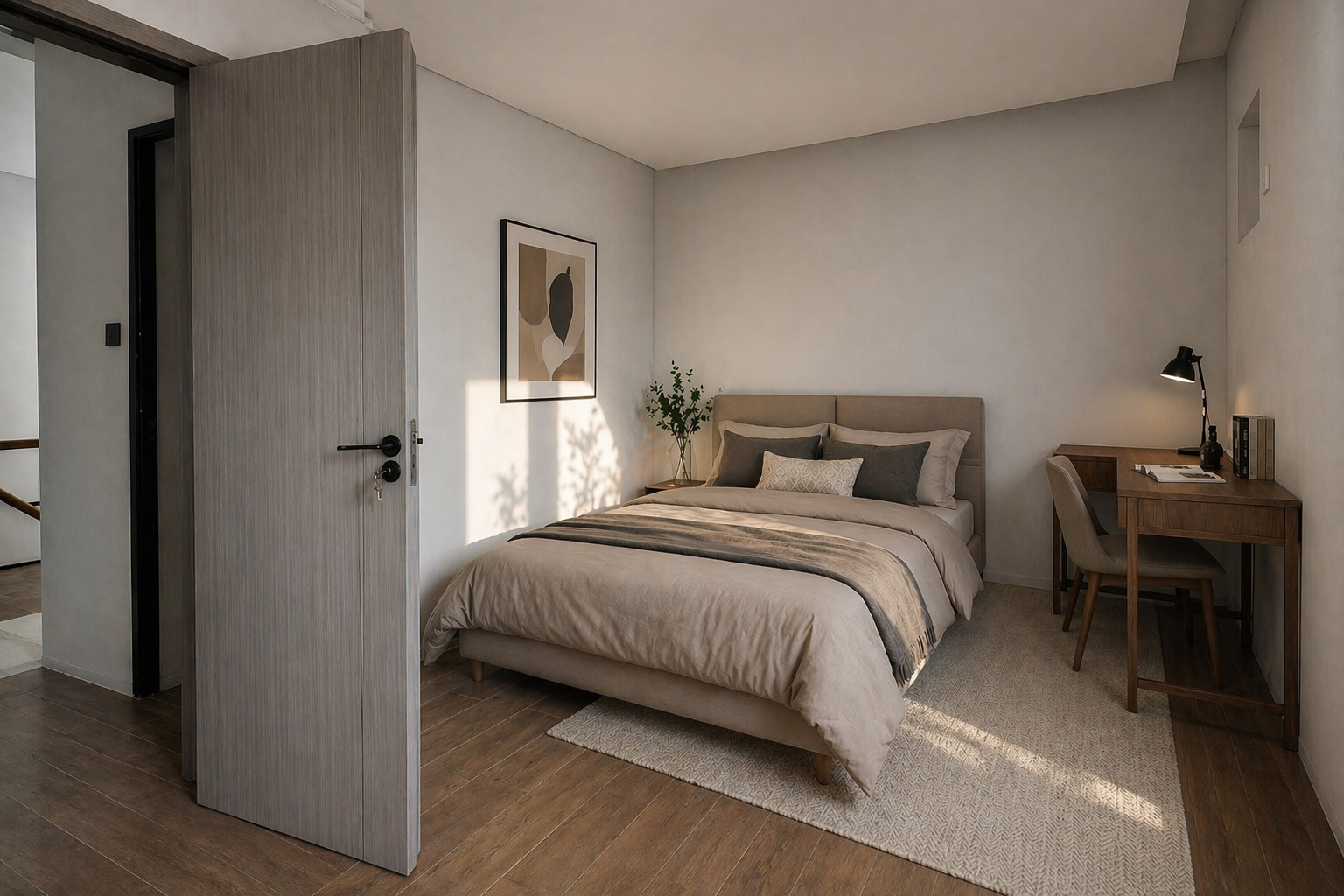 Elite Collection bedroom with natural light, warm flooring, and a practical study corner.