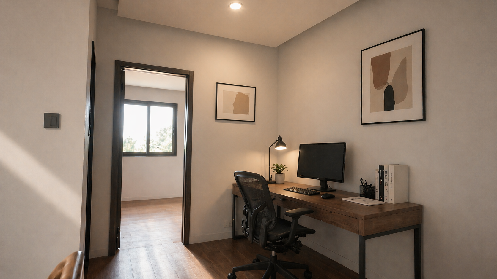 Elite Collection actual flexible work area with warm wood desk and interior detail.