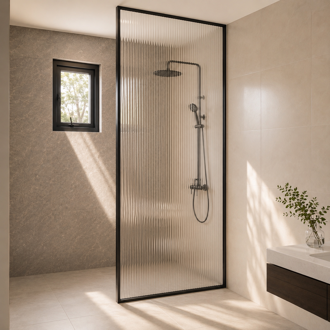 Slim-Frame Fluted Glass Shower Partition material detail for Sapphire Valley.