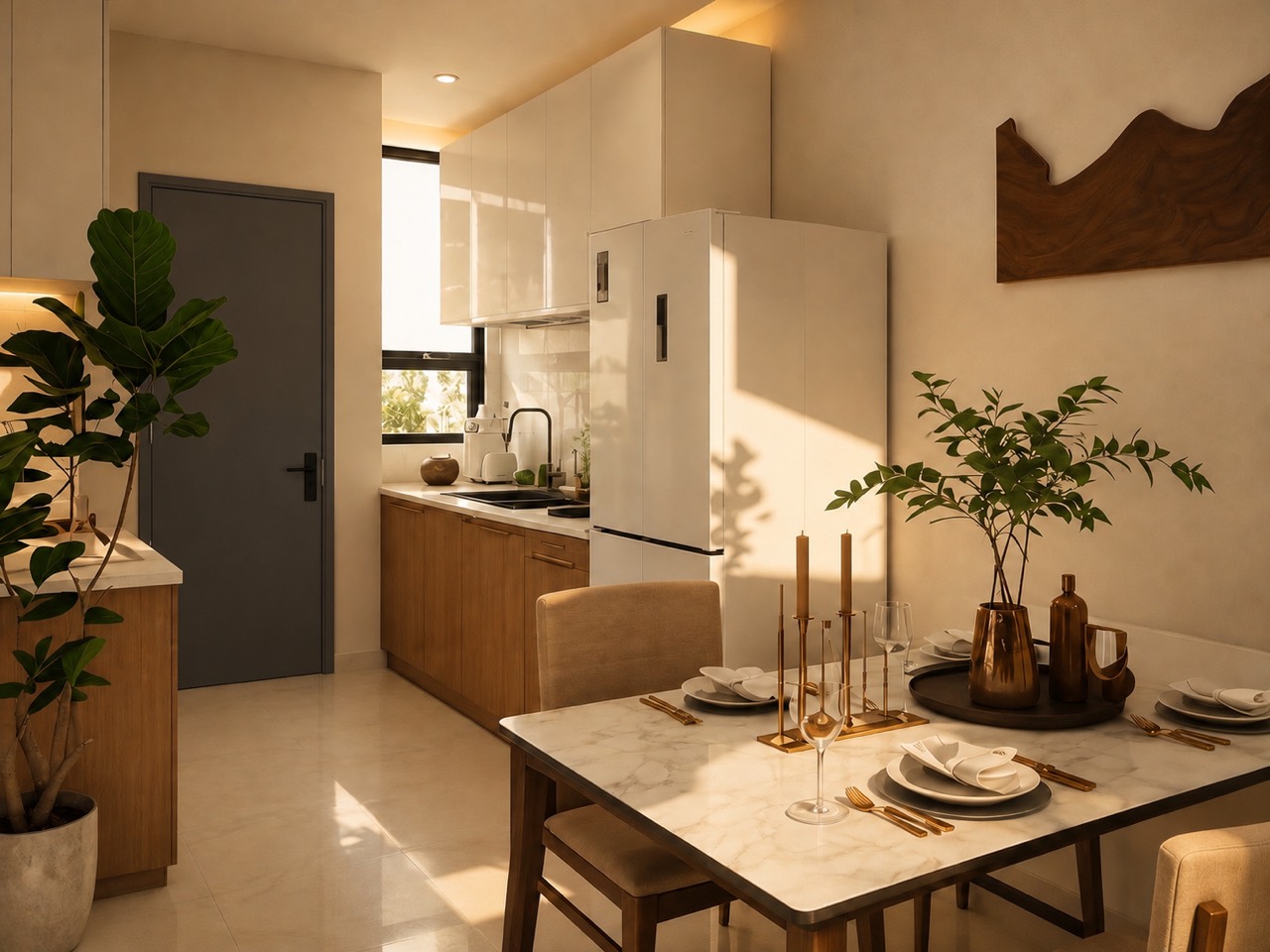 Elite Collection dining and kitchen render with warm cabinetry, compact kitchen, and styled dining table.