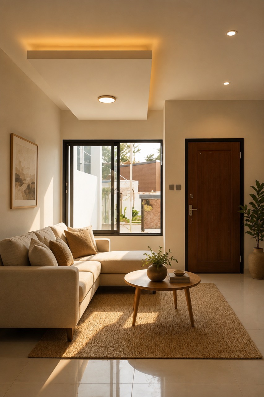 Elite Collection living area render with warm lighting, lounge seating, window, and entry door.
