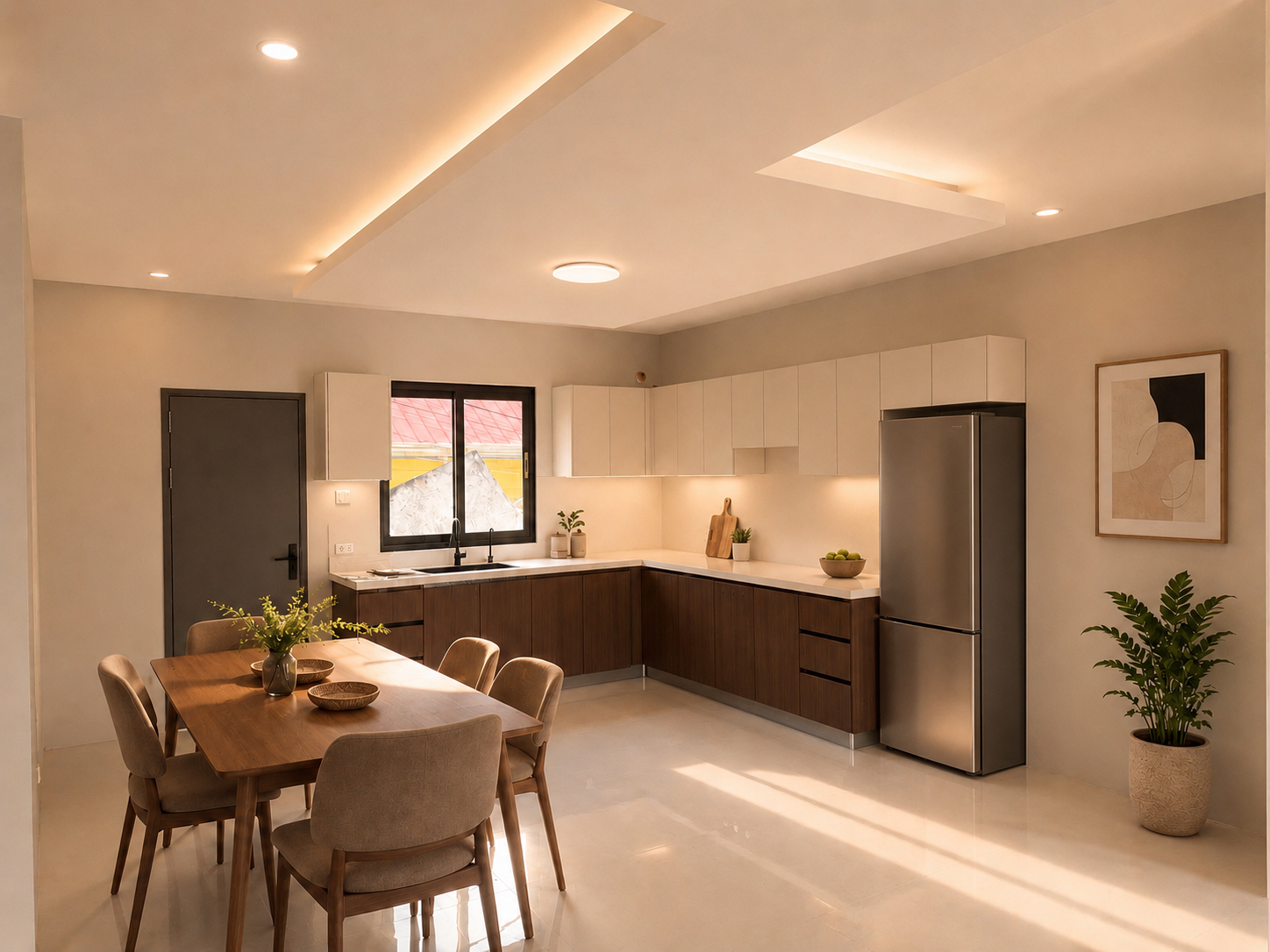 Premier Collection kitchen render with warm cabinetry, dining table, integrated lighting, and clean modern layout.