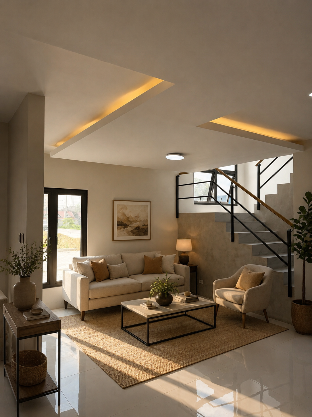 Premier Collection living room render with warm lighting, staircase, sofa, lounge chair, and refined contemporary styling.