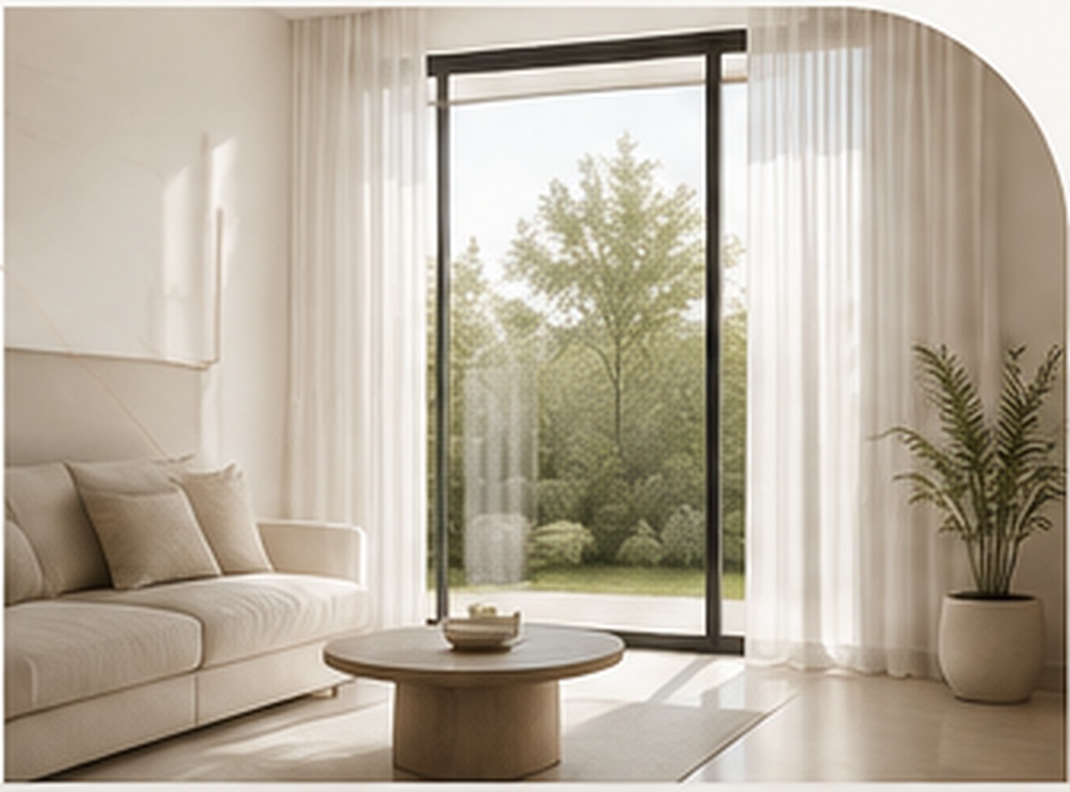 Bright living room with large glass opening and garden view