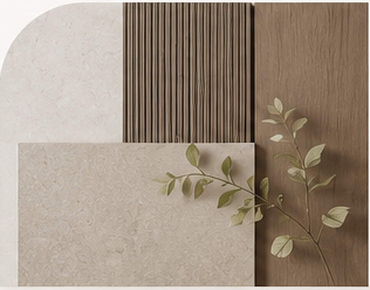 Neutral stone and wood material palette with botanical styling