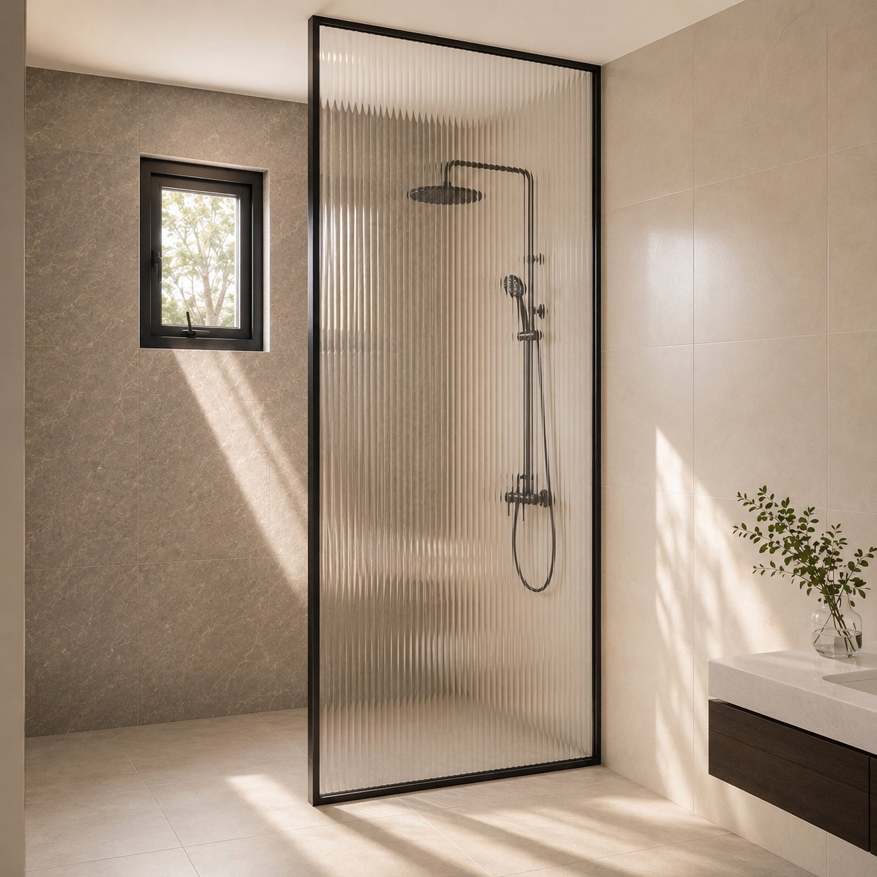 Slim-Frame Fluted Glass Shower Partition material detail for Sapphire Valley.